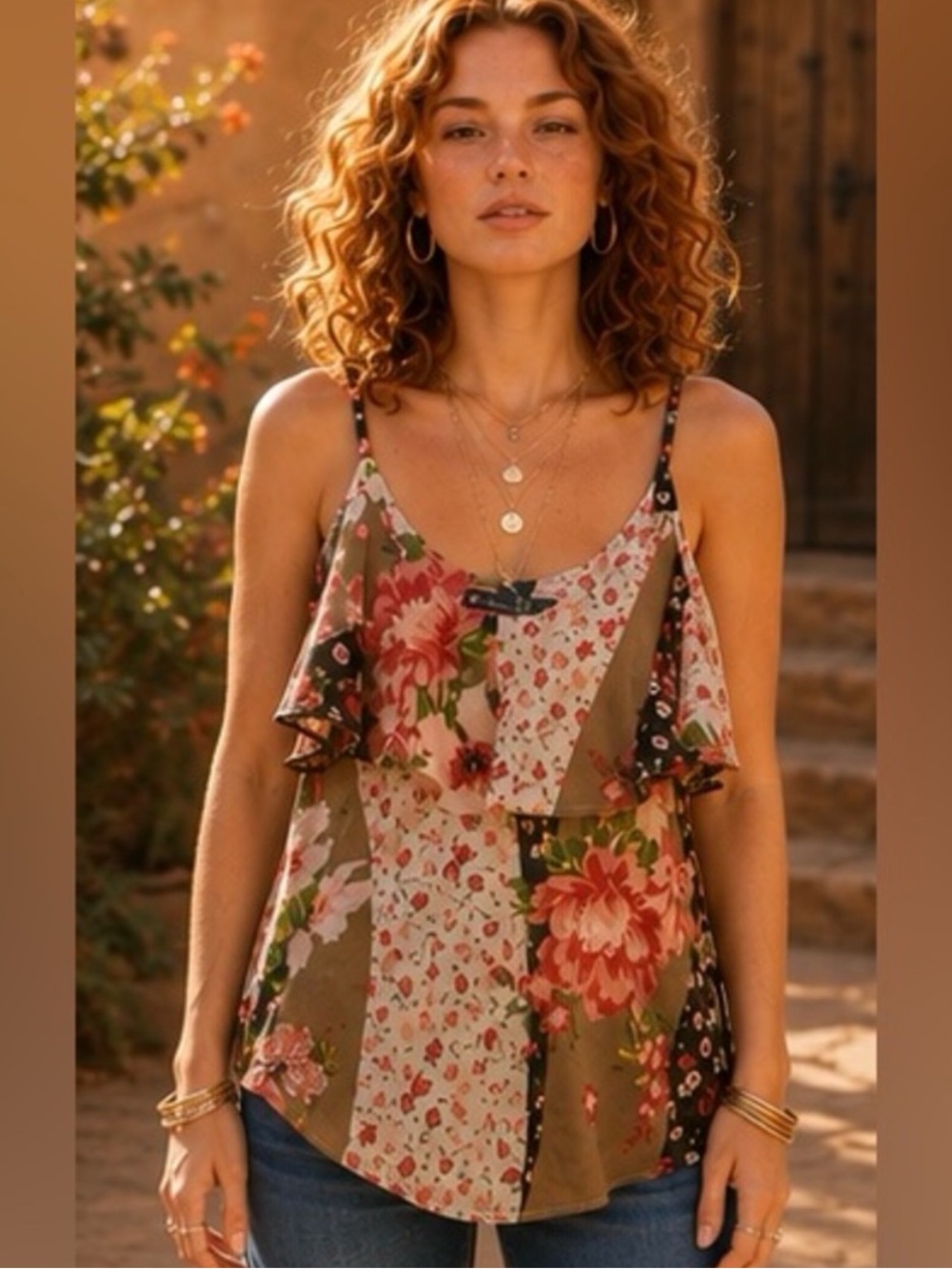 7th Avenue Design Studio Boho Patchwork Floral Ruffled Blouse With Straps | Sz S